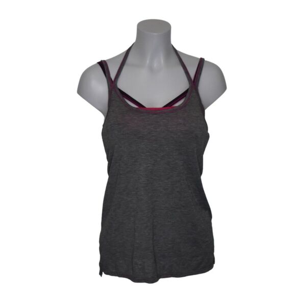 Athleta Drishti Built in Bra Strappy Tank Top Gray Pink Yoga Athleticwear Medium - Picture 1 of 8